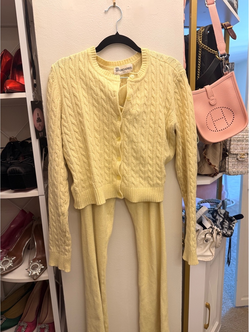 No Boundaries Yellow Knit Cardigan and Pants Set, Size Large